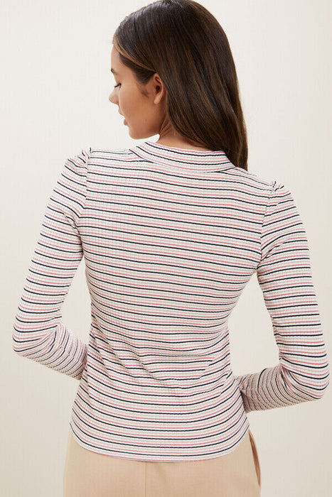 Seed Heritage Teen Rib Tee-shirt à manches longues rose/blanc/noir/sable rayé taille 12