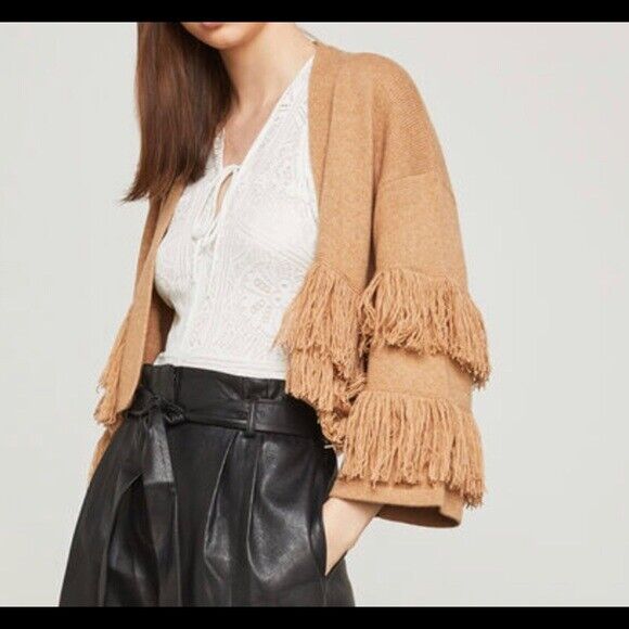 BCBGMAXAZRIA Fringe-Trimmed Cropped Cardigan Camel Size L $260