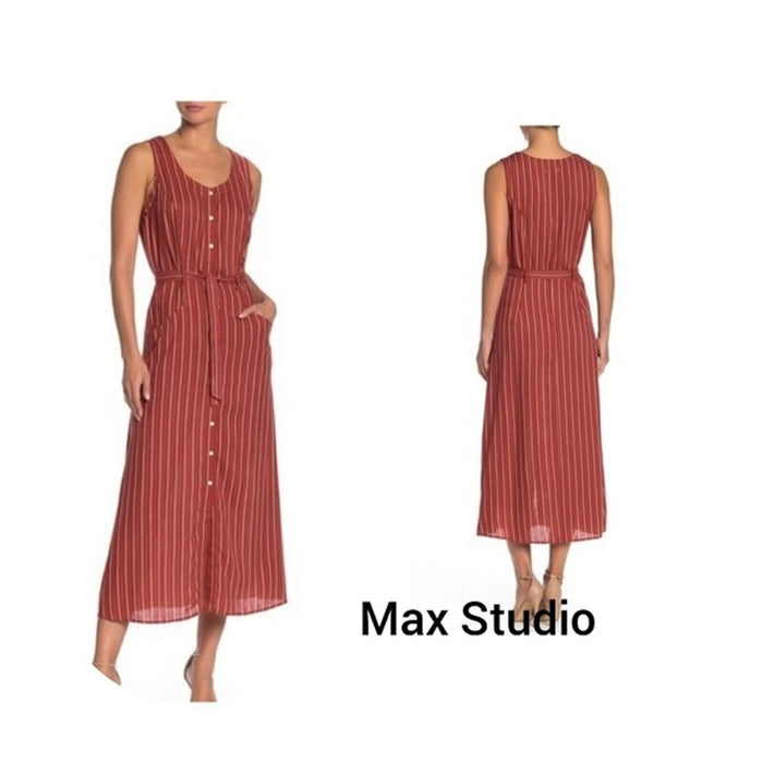 NWT Max Studio Striped Sleeveless Button Up Midi Dress Sz L $139