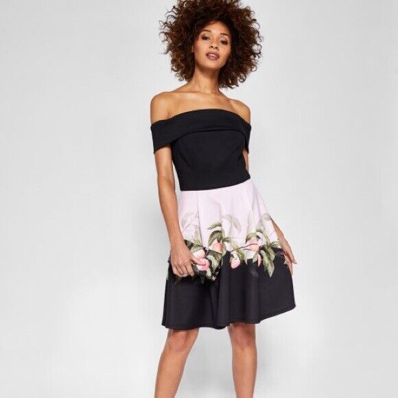 Ted Baker Women's Off Shoulder Fit Flare Dress Peach Floral Print Size 0 $298