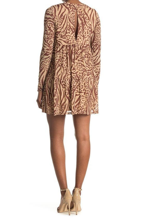 AFRM Bell Long Sleeve Babydoll Dress In Brown Multi Animal Size XS