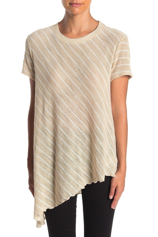 Everleigh Short Sleeve Tie Front Shirt Open Knit Top In Oatmeal Ivory Size XS