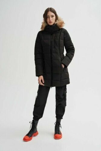 Noize Women's Hannah Faux Fur Trim Hooded Parka Coat Black Size XS $270
