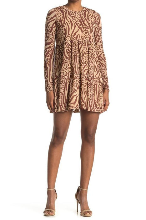 AFRM Bell Long Sleeve Babydoll Dress In Brown Multi Animal Size XS