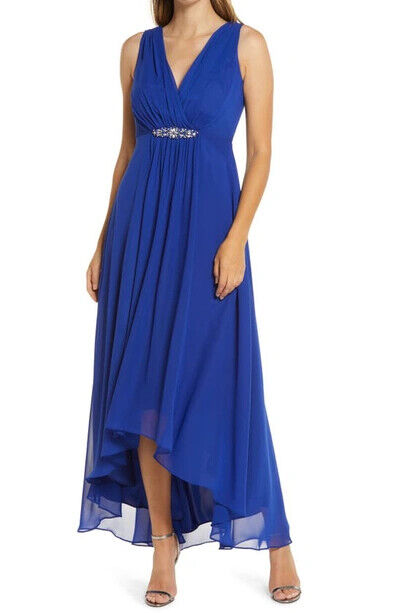 Eliza J Women's Embellished High/Low Chiffon Dress Peacock Blue Size 4 fits XS