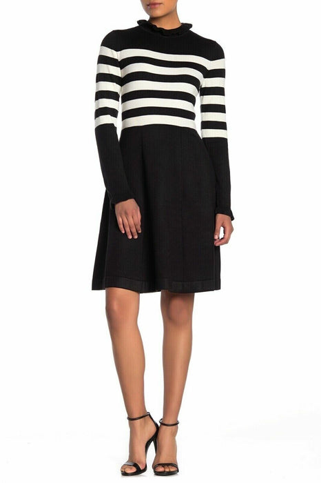 Eliza J Black White Ruffle Neck Stripe Print Fit and Flare Dress $188 Size L