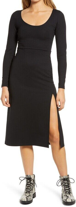 Leith Women's Long Sleeve Side Slit Midi Dress Scoop Neck A-Line Black Size M