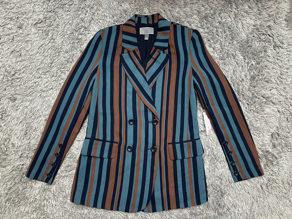$399 Chelsea28 Women's Blue Brown Stripe Button Double Breasted Blazer Size XXS