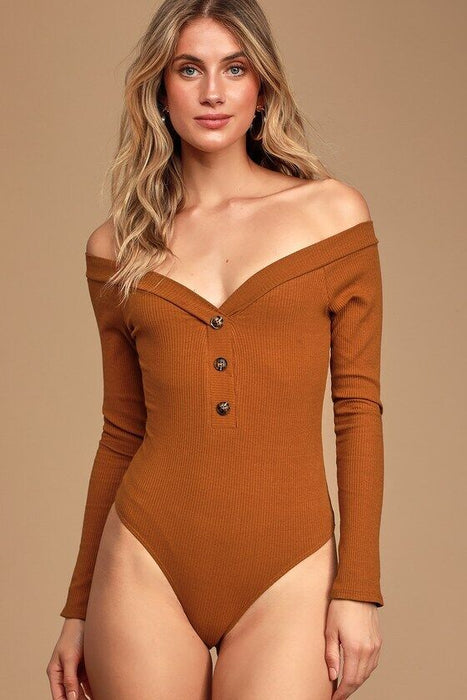 LULUS Lilyth Off The Shoulder Ribbed Bodysuit In Rust Size S