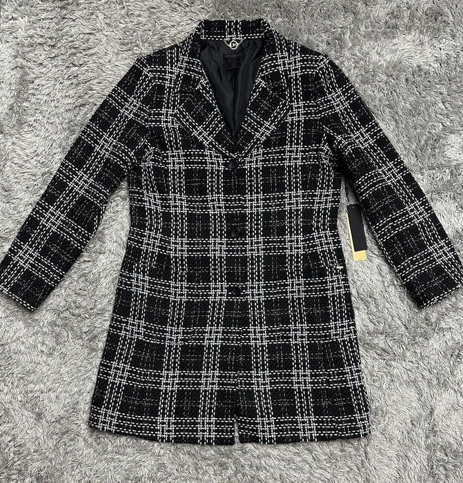 Donna Karan Women's Black Plaid Tweed Three Button Topper Jacket coat Size 14