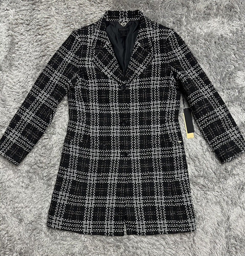 Donna Karan Women's Black Plaid Tweed Three Button Topper Jacket coat Size 14