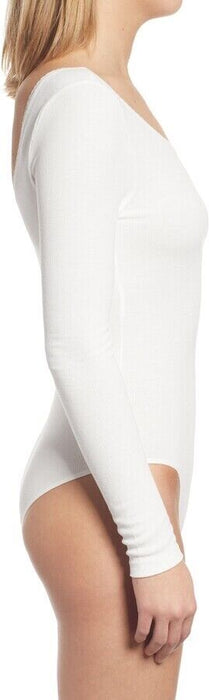 Socialite Women's Lace Trim Long Sleeve Bodysuit Top Scoop Neck In Ivory Size S