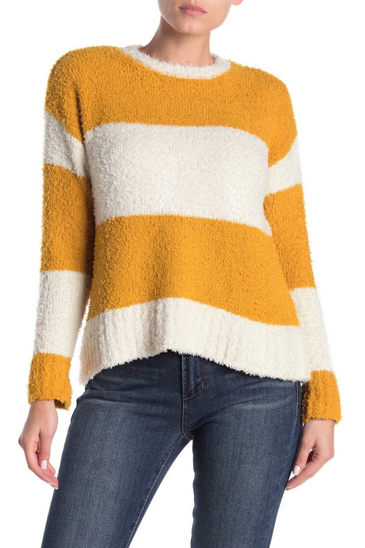 Melloday Women's Long Sleeve Pullover Sweater In Mustard Bone Stripe Size M