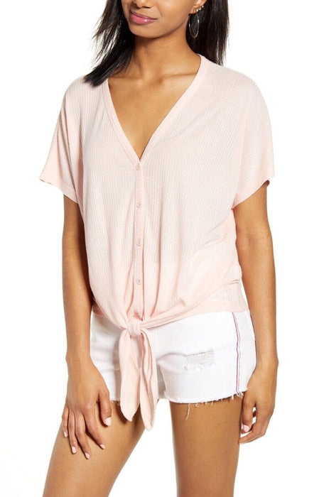 BP Small Toppink  Button Front Soft Knit Top Loose Short Sleeve V-Neck Solid S