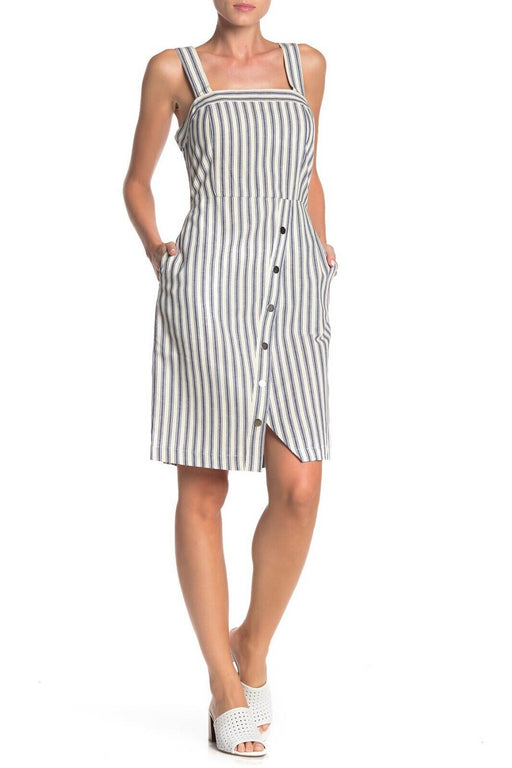 Sharagano Asymmetrical Button Detail Striped Dress In Blue/Ivory Size 12 $119