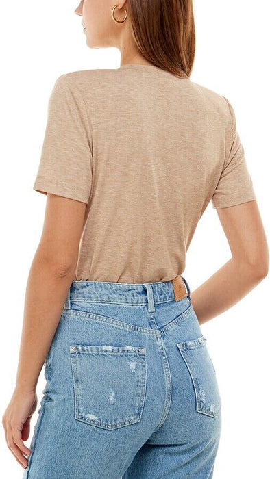 WAYF Women's Skye Padded Shoulder Short Sleeve Bodysuit Sand Beige Top Size XS