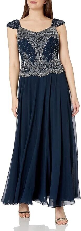 J Kara women's  Navy Blue Beaded Chiffon maxi Dress Size 12 in navy $299