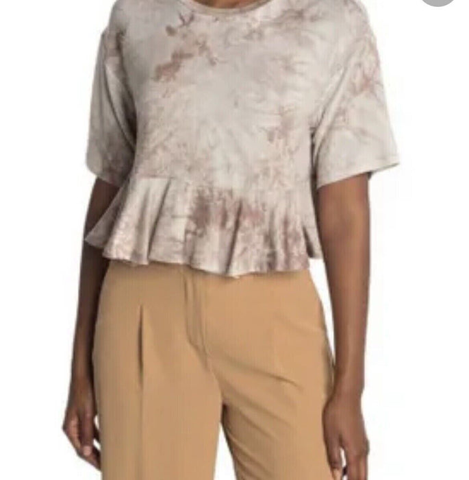 Good Luck Gem Women's Short Sleeve Tie Dye Peplum Top Taupe Size Large