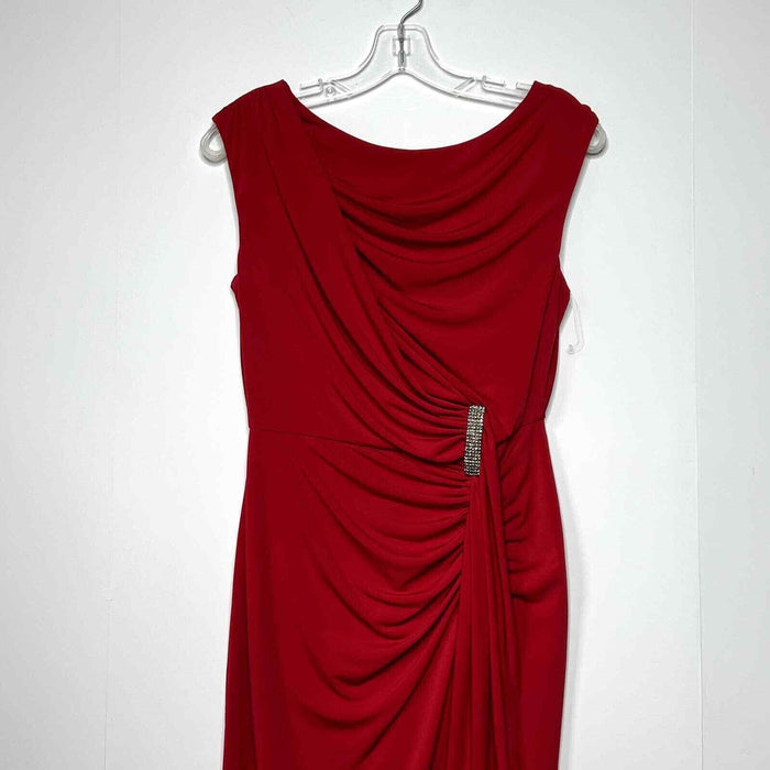 London Times Stretch Shirred Ruched Rhinestone Brooch Dress Cranberry Red Size 2