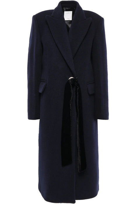 Sandro Women's Wool Blend Peak Lapel Velvet Tie Coat Navy Size 4 US / 36 FR $910