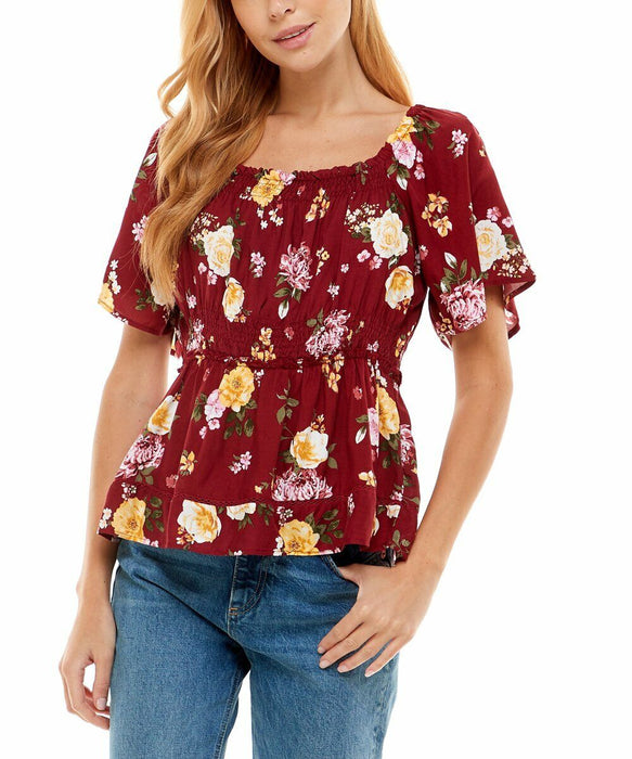 Derek Heart Peasant Top, Women's Size Small, Burgundy Floral Off Shoulder