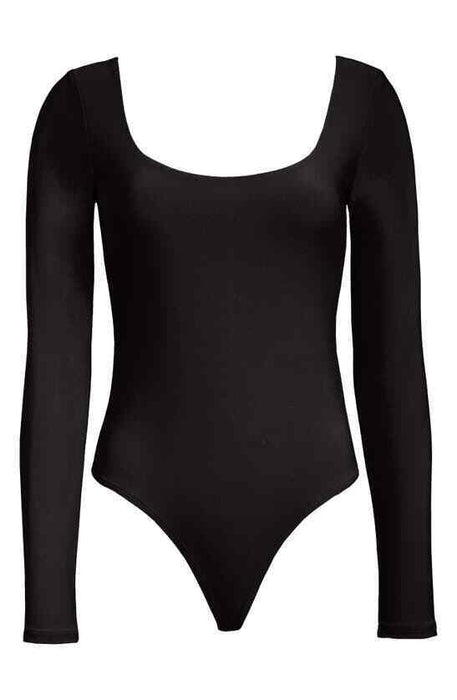 LEITH Double Scoop Long Sleeve Thong Bodysuit In Black size M