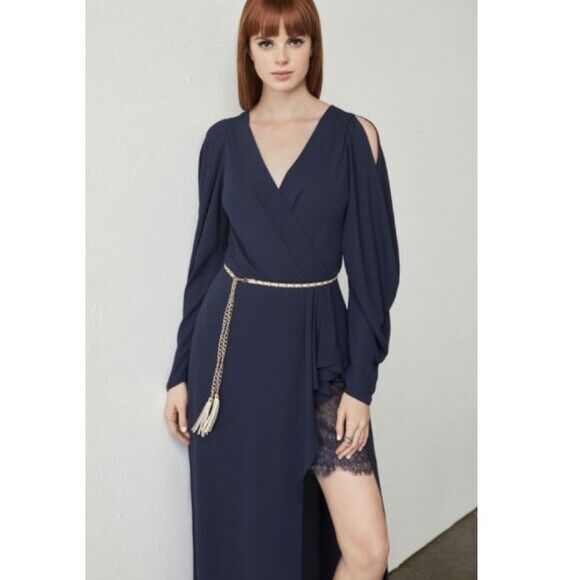 BCBGMAXAZRIA Koko Georgette Draped Sleeve Ruffle Lace Faux Wrap Gown Dark Navy 8
