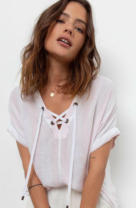 Rails Women's Lace-Up Top Blouse In Lotus Stripe Pink/White/Gold Size M $159