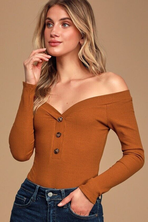LULUS Lilyth Off The Shoulder Ribbed Bodysuit In Rust Size XL