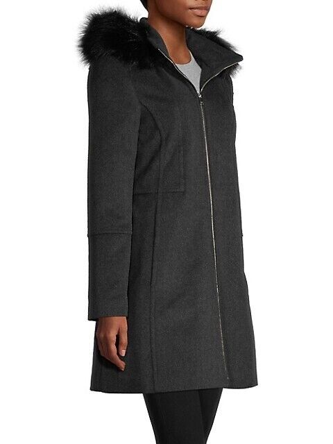 London Fog  Faux Fur-Trimmed Wool-Blend Jacket in grey soft size M