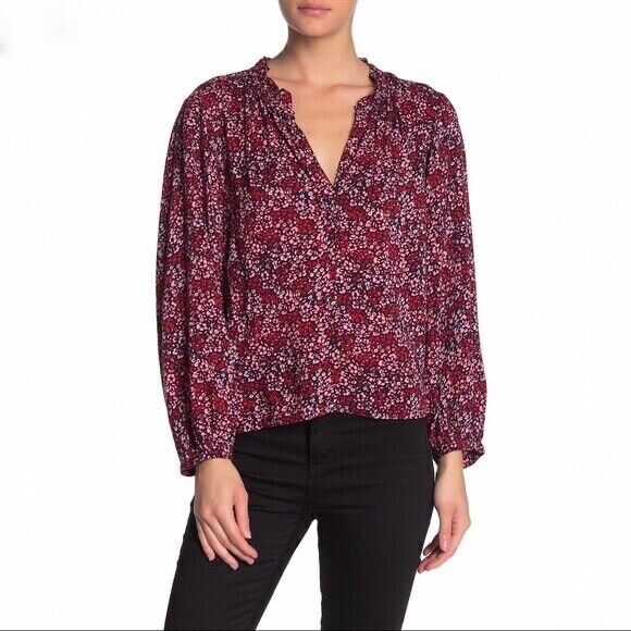 Abound Women's V-Neck Ruffled Floral Printed Blouse Size Small In Red Floral