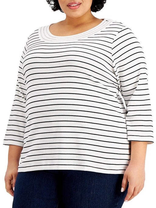 Karen Scott Crochet Trim 3/4 Sleeve Cotton Tunic Top White Black Stripe Size 2X