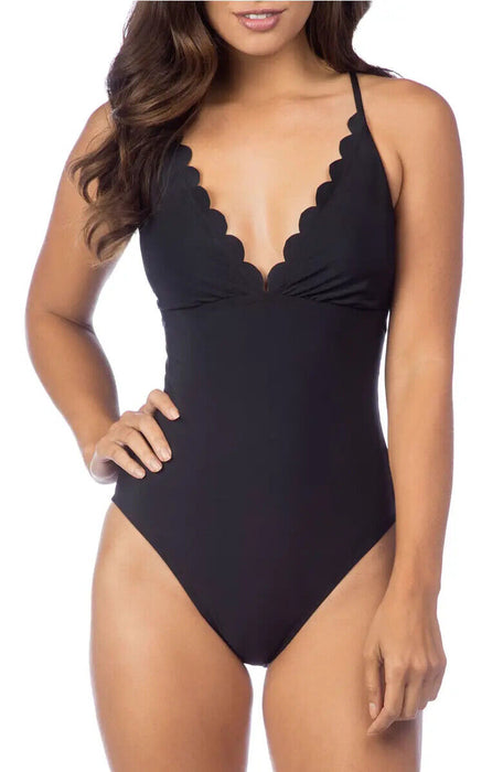 La Blanca Petal Halter Cross-Back One-Piece Solid Swimsuit In Black Size 8