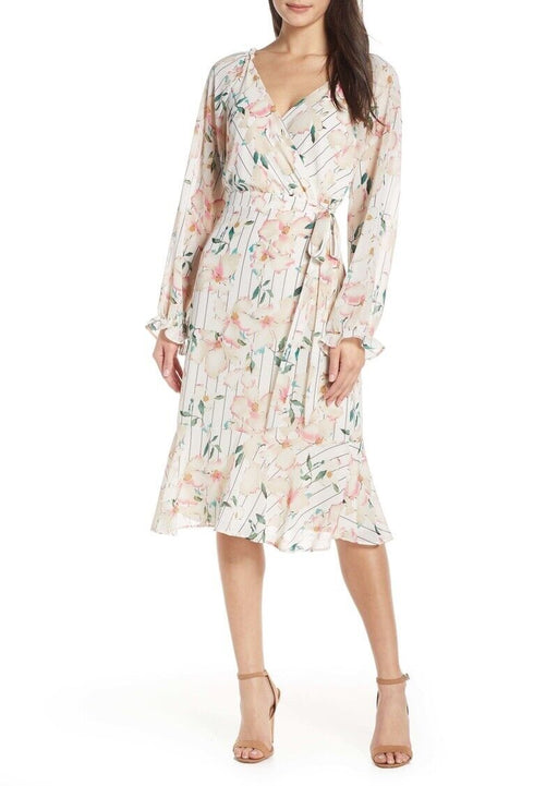 Chelsea28 Women's Large Floral Striped Midi Faux Wrap Ruffle dress V Neck $129