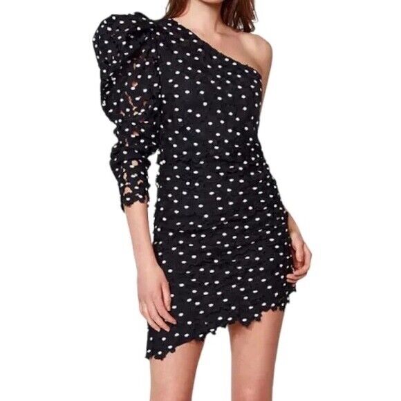 Bardot Effie Lace Polka Dot One Shoulder Dress Black Size 10 L Fits Larger $175