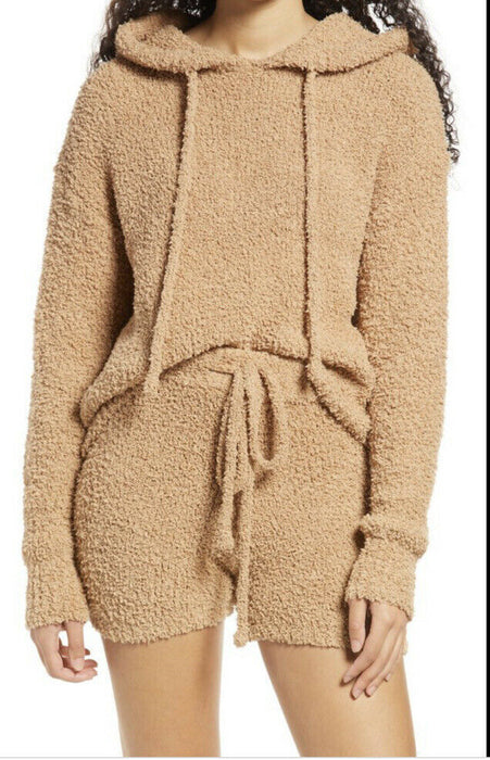 Lulu's Eyelash Sweater Hood With Drawstring Teddy Hoodie Camel Size Small $52