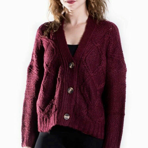 Rag supply Cozy Fisherman Cable Knit Cardigan Button Front Gold red plum size M