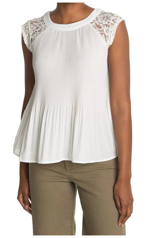 STATUS CHENAULT Woven Lace Shoulder Top In White size L $78