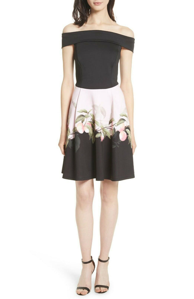 Ted Baker Women's Off Shoulder Fit Flare Dress Peach Floral Print Size 0 $298