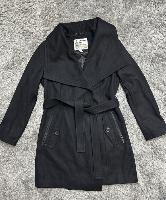 London Fog  Wool-Blend Envelope Collar Belted Coat size S in black