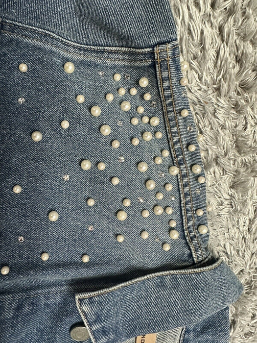 Grlfrnd Eve Cosmic Ray Pearl Embellished Denim Trucker Jacket $460 size M