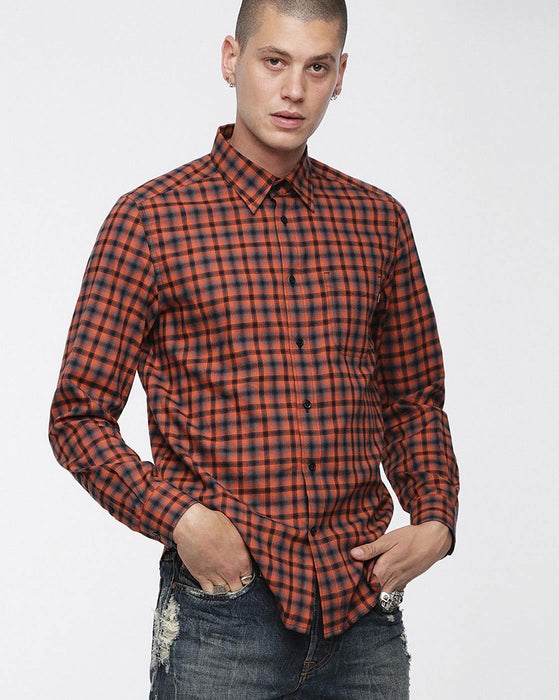 Diesel Men's Checked Long Sleeve Button Up Shirt In Burnt Orange Size L $148