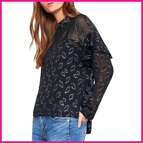 BCBGMAXAZRIA Sheer Chiffon Metallic Top In Black Combo Size L $198