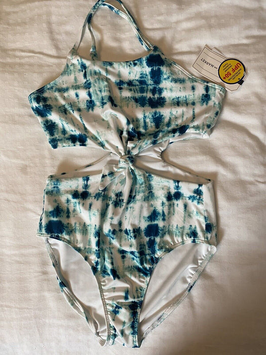 Melrose And Market Tie Front One Piece Swimsuit Green Watercolor Tie Dye Size 14