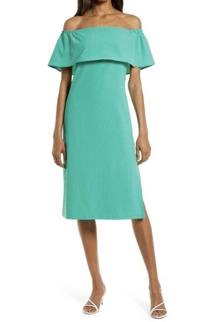 Charles Henry Off The Shoulder Popover Midi Cocktail Dress Green Size S