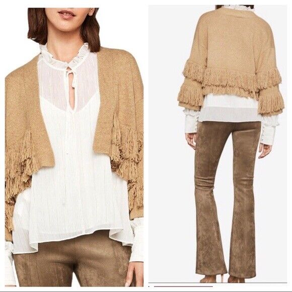 BCBGMAXAZRIA Fringe-Trimmed Cropped Cardigan Camel Size L $260