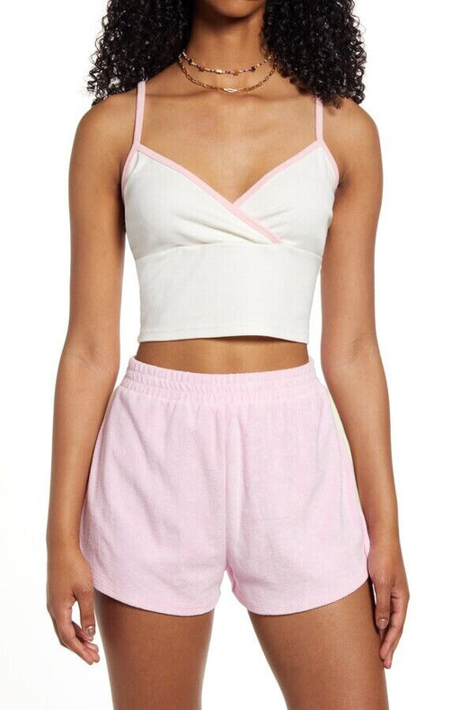 BP. Women's Piped Surplice Cropped Tank Top Ivory Pink Size XL