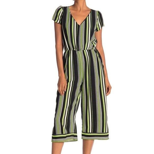 Superfoxx Vertical Striped Cropped Pantsuit jumpsuit /Neon multi V Neck Size S
