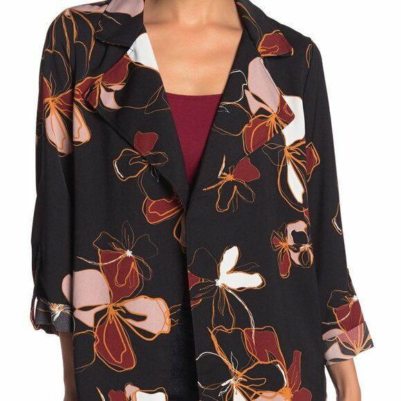 14th & Union Womens Notch Lapel Trapeze Jacket Black Floral 3/4 Sleeve Draped XS