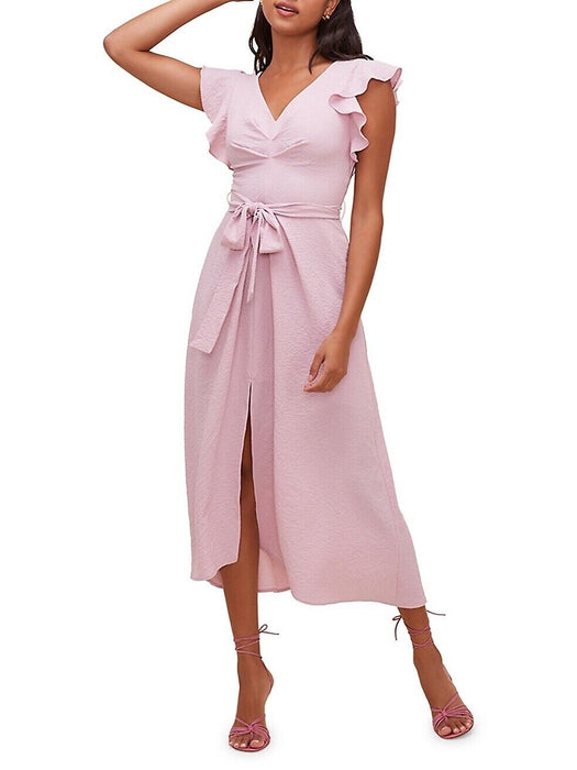ASTR Women's Euphoria Midi Ruffle Sleeve Belted Slit Dress In Lilac Size L $145